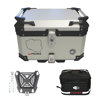 Kufer centralny aluminiowy COOCASE 55L - 2 kaski Srebrny z grawerem PL