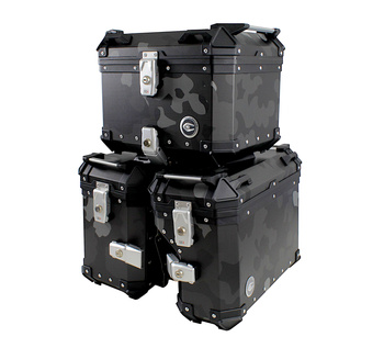 Komplet :Aluminiowe kufry COOCASE 3szt- asymetryczne CAMO boki + 45L centralny
